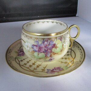 x2 Royal Vienna hand-painted porcelain teacup and saucer with violets